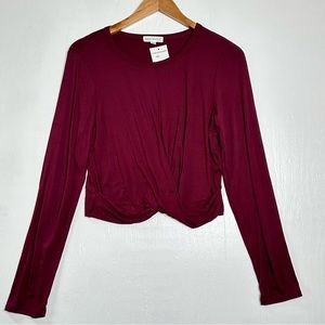 NEW Socialite Wrap Front Top Size Large Long Sleeve Jersey Knit Shirt Maroon